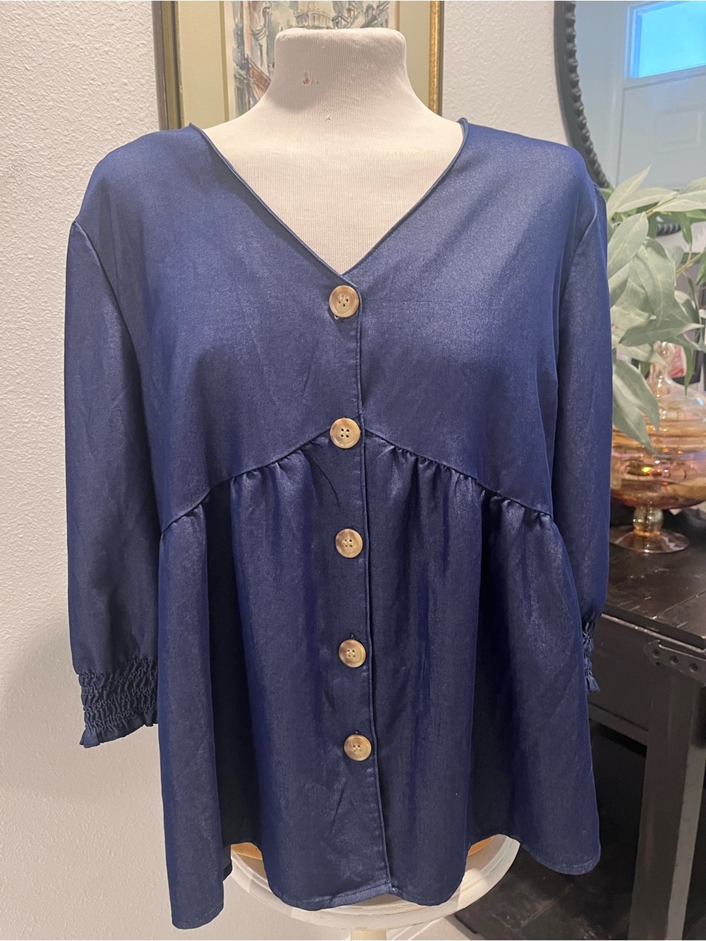 Unique Spectrum Navy Peplum Button-Front Top with Wood-Tone Buttons
